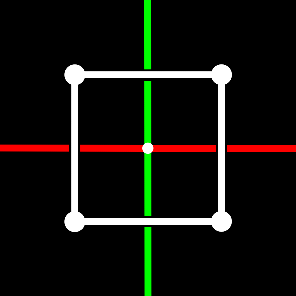 perpendicular red and green lines representing mirror planes in 2D, and a white square drawn on top of it, with the mirrors going through the edges of the square